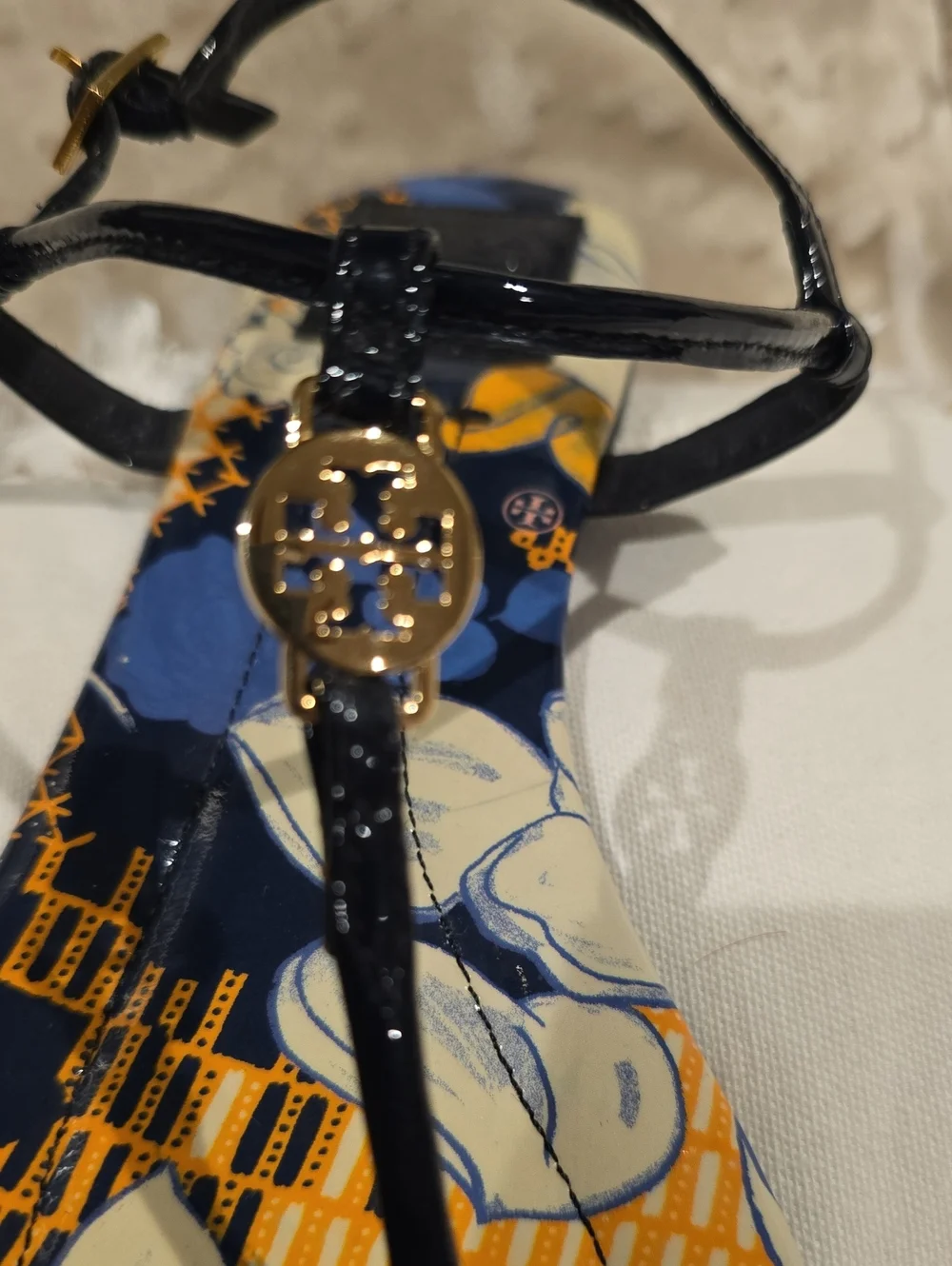Tory Burch Navy, Orange & Cream Floral Patent T-Strap Sandals